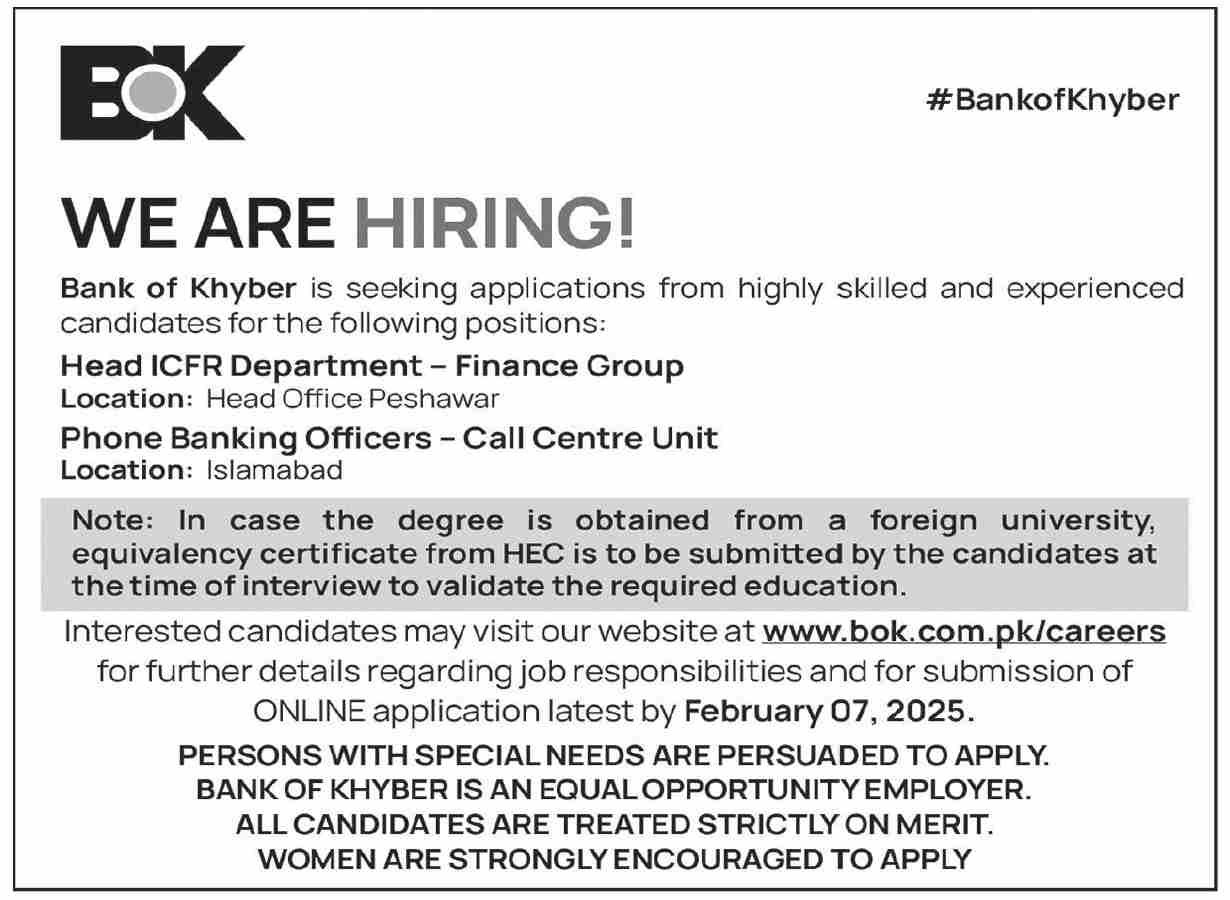 Bank Of Khyber BOK Jobs 2025 For Phone Banking Officers Jobs 2025 — original advertisement
