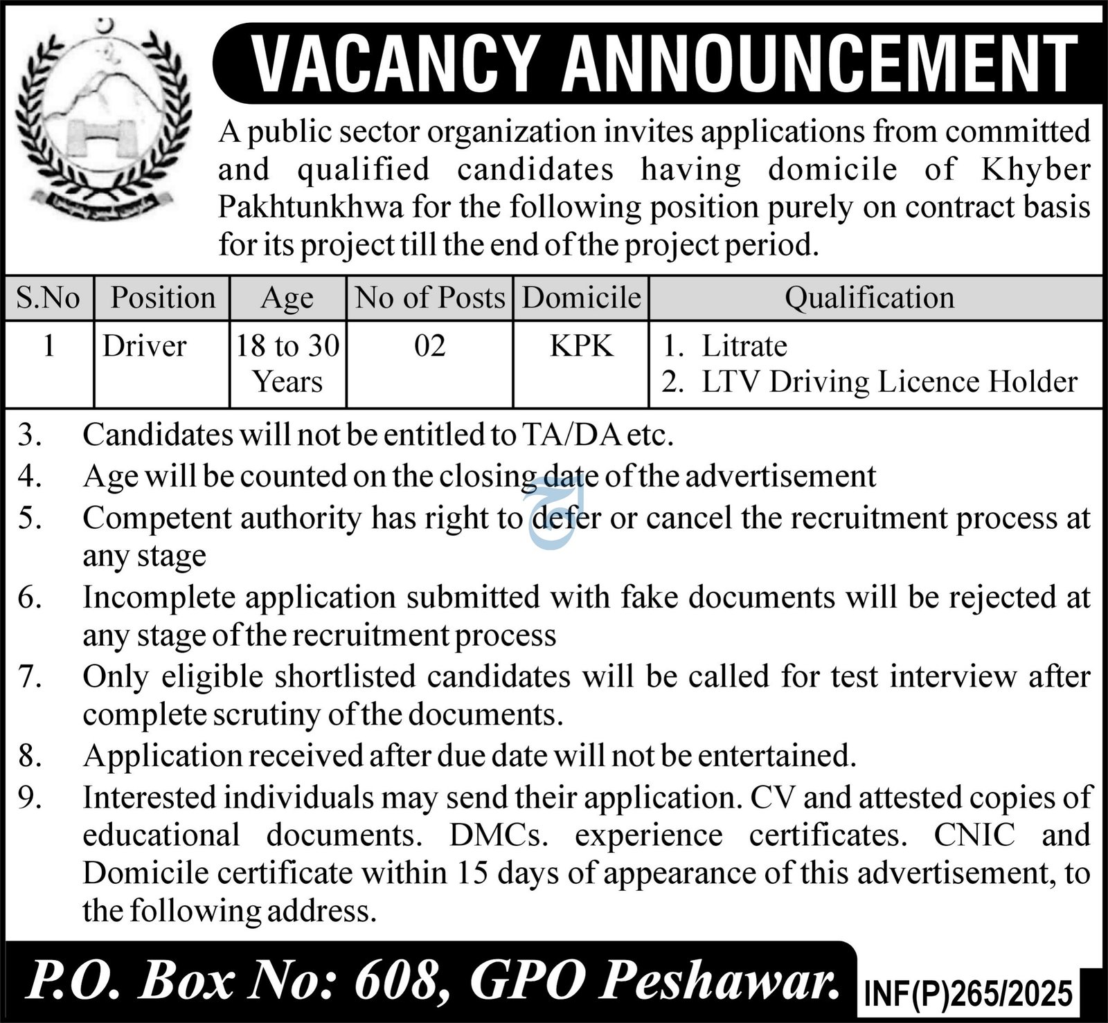 Public Sector Organization Driving Peshawar Jobs 2025 Jobs 2025 — original advertisement