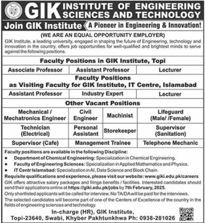 GIK Institute Of Engineering Sciences Swabi Jobs 2025 – Ghulam Ishaq Khan GIK Institute of Engineering Sciences and Technology Swabi Jobs 2025 — original advertisement