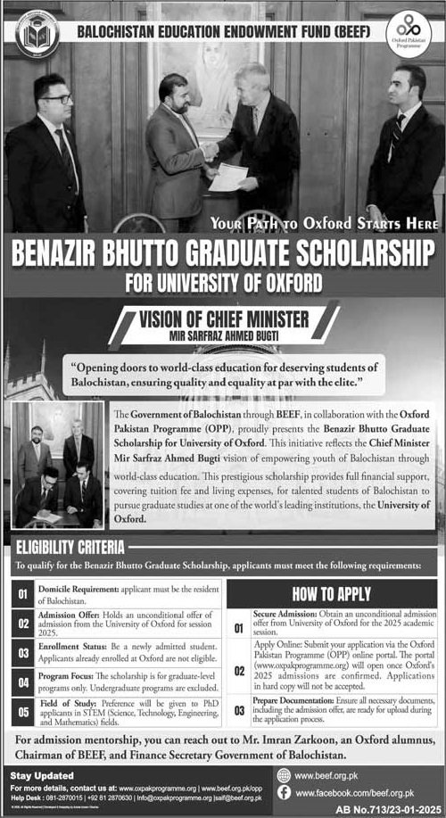 Benazir Bhutto Graduate Schlorship for University of Oxford – Balochistan Education Endowment Fund (BEEF) Jobs 2025 — original advertisement
