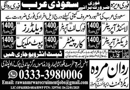 Fork Lift Operator & Tractor Operator Jobs 2025 – Rawan Marwa Recruitment Overseas Employment Promoters Jobs 2025 — original advertisement