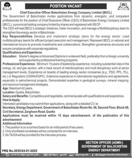 Balochistan Energy Company Limited BECL Jobs 2025 – Balochistan Energy Company Limted BECL Jobs 2025 — original advertisement
