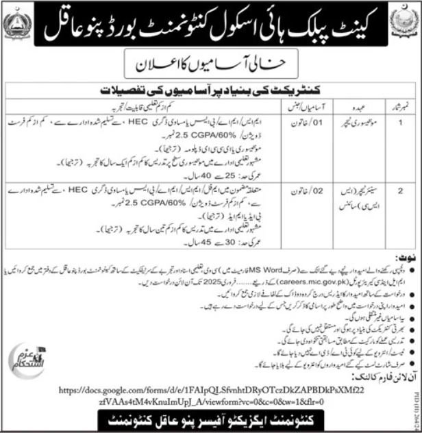 Cantt Public High School Cantonment Board Pano Aqil Jobs – Cant Public High School & Girls College Jobs 2025 — original advertisement