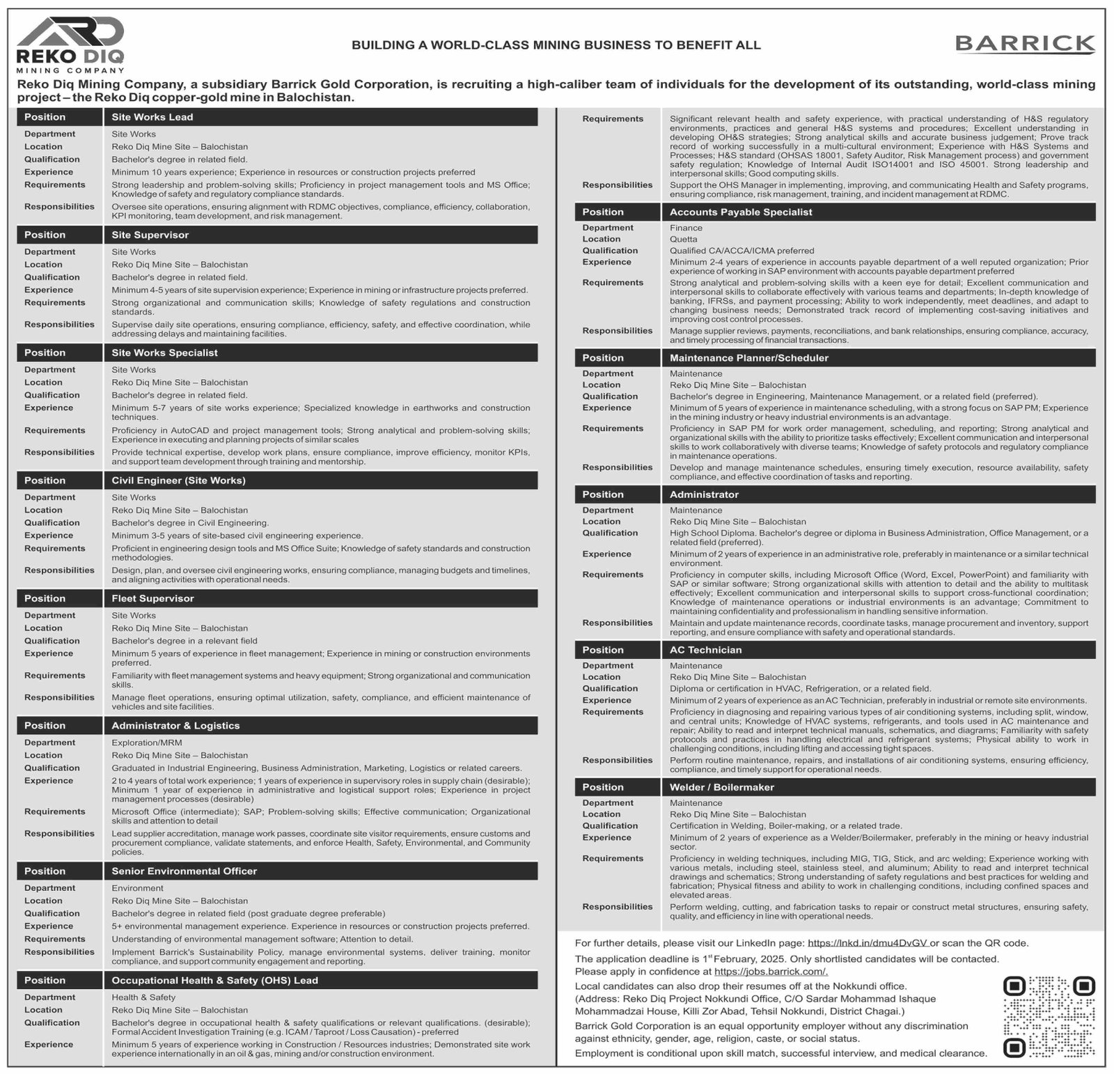 Reko Diq Balochistan Jobs 2025 – Barrick Pakistan Jobs 2025 — original advertisement