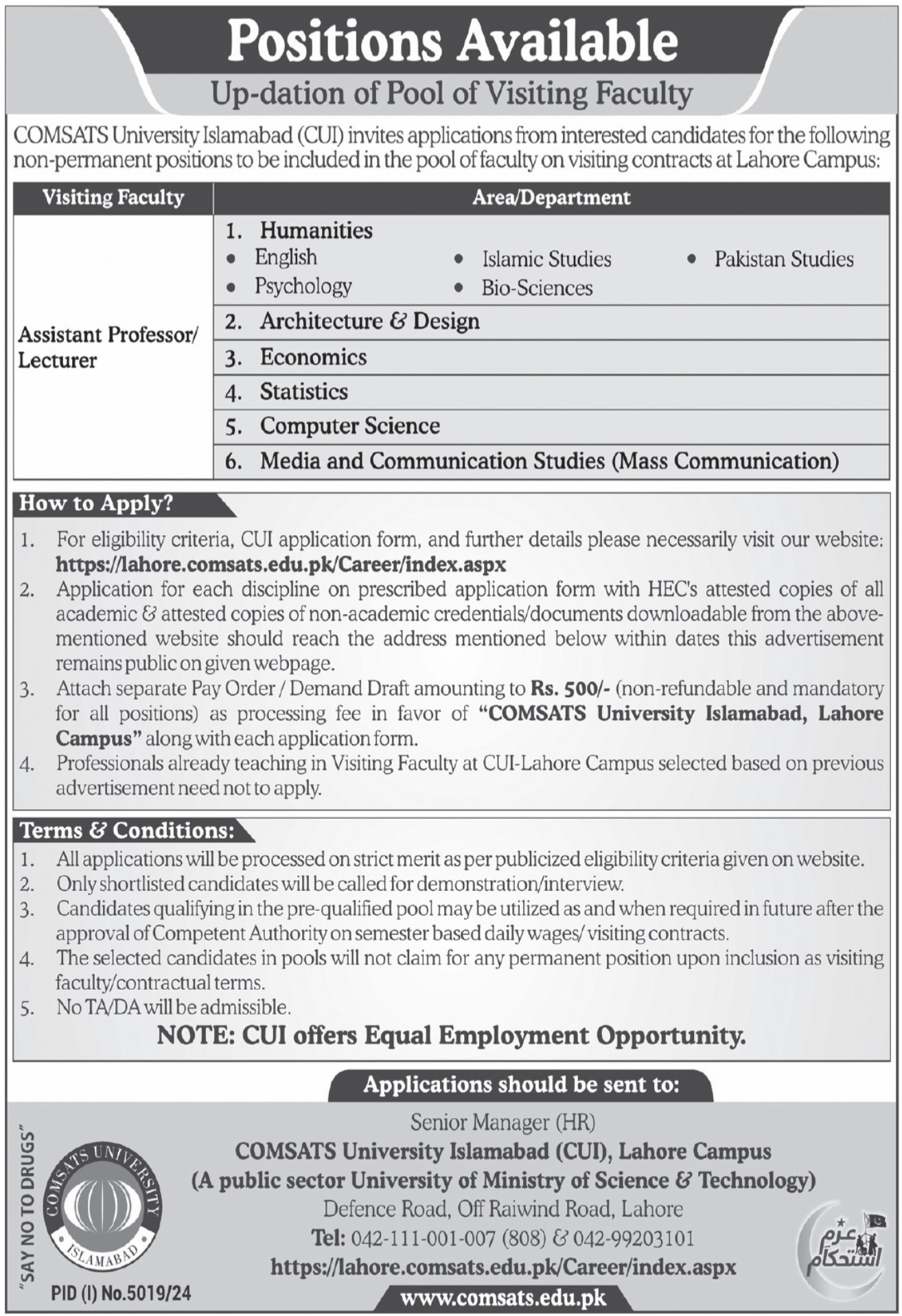 Comsats University CUI Lahore Campus Jobs 2025 – COMSATS University Islamabad Jobs 2025 — original advertisement