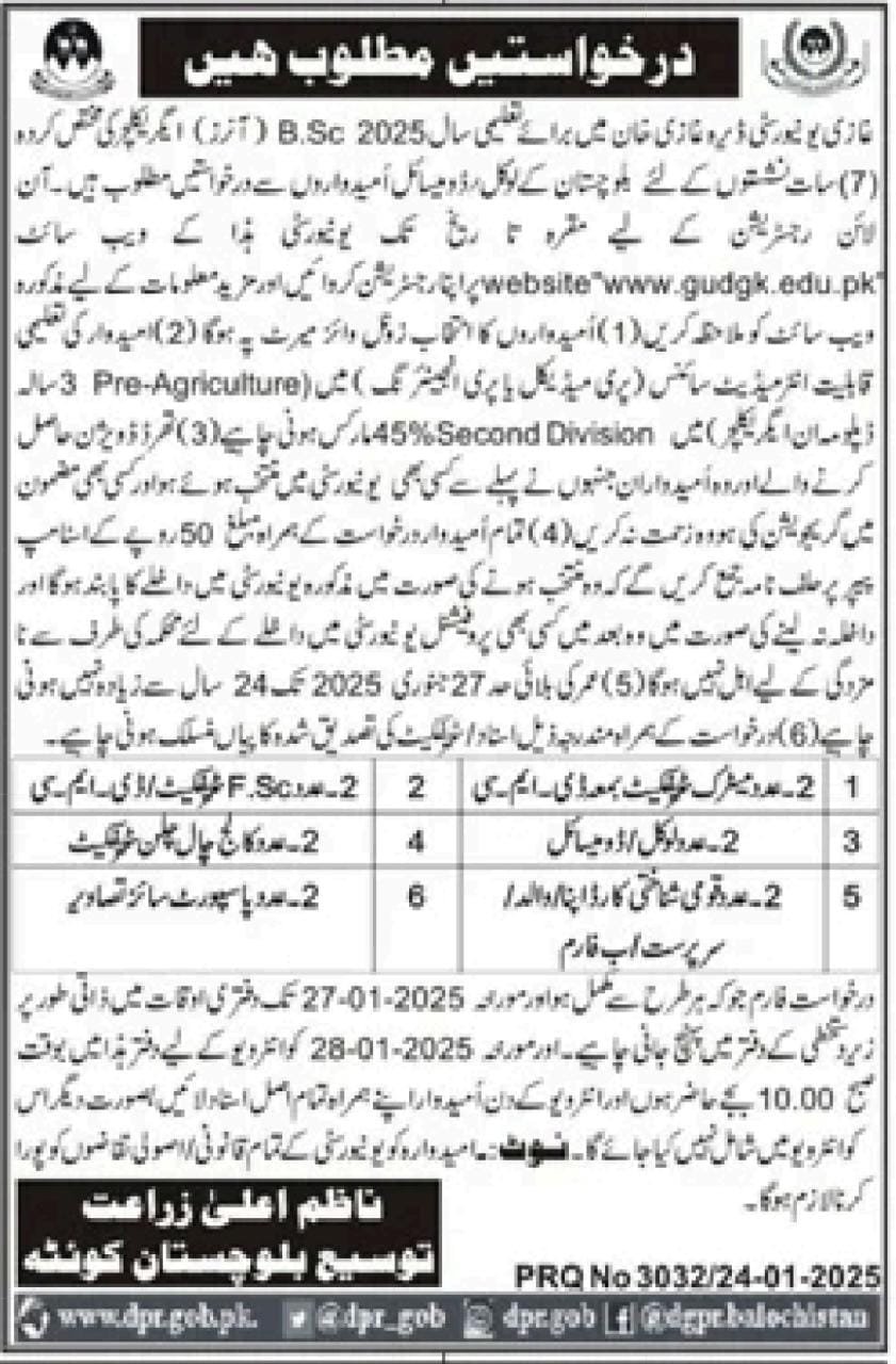 Admission Open in Ghazi University DG Khan 2025 – Ghazi University Dera Ghazi Khan Admissions 2025 — original advertisement