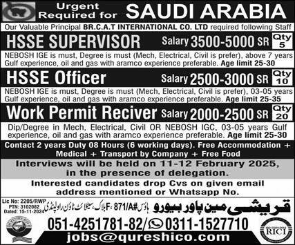 HSSE Supervisor & Work Permit Receiver Jobs 2025 – Qureshi Manpower Bureau Jobs 2025 — original advertisement