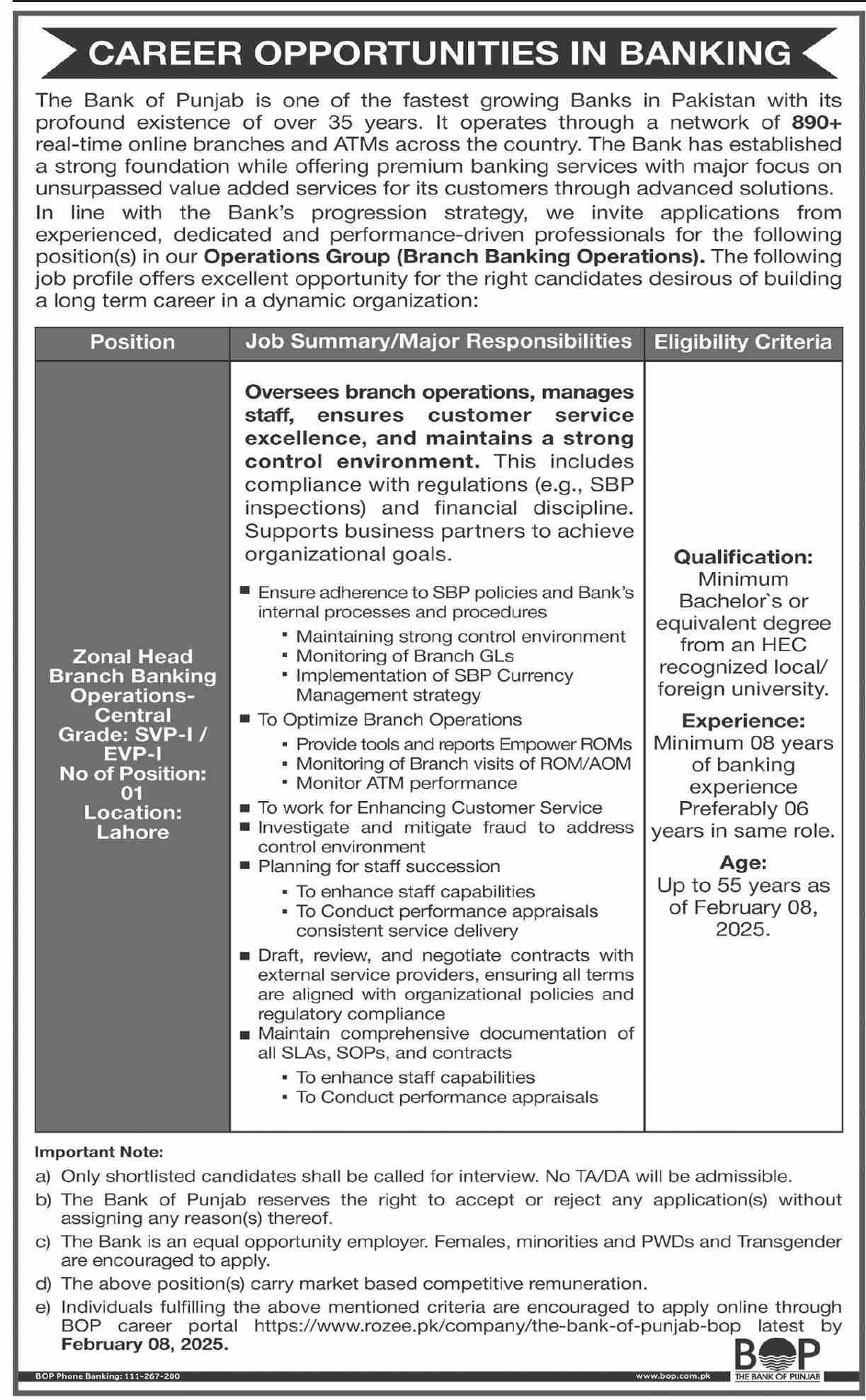 The Bank Of Punjab BOP Jobs 2025 Jobs 2025 — original advertisement