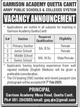Garrison Academy Quetta Cantt Jobs 2025 – Army Public School & College Paksitan Jobs 2025 — original advertisement