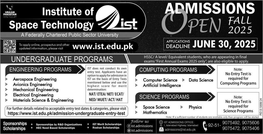 Admission Open in Institute of Space Technology 2025 – Institute of Space Technology ITS Islamabad Admissions 2025 — original advertisement