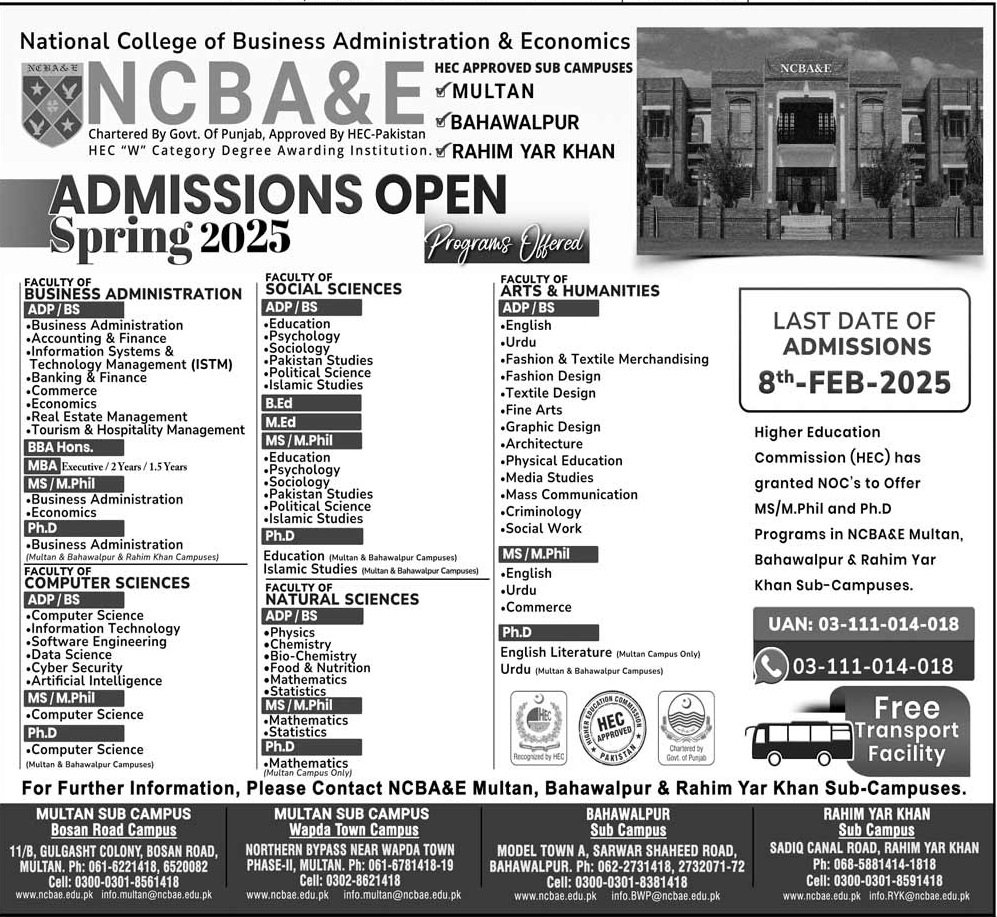Admission Open in Nationak College of Business Administrion – National College of Business Administration & Economics Lahore Admissions 2025 — original advertisement