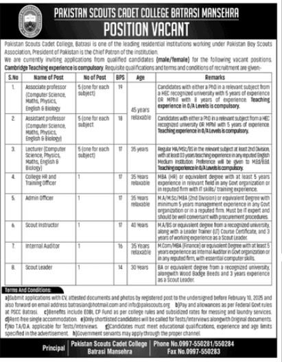 Pakistan Scouts Cadet College Batrasi Manshera Jobs 2025 – Pakistan Scouts Cadet College Batrasi Mansehra Jobs 2025 — original advertisement