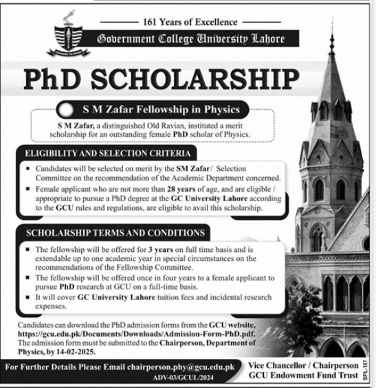 Government College University Lahore Phd Schlorship 2025 Jobs 2025 — original advertisement