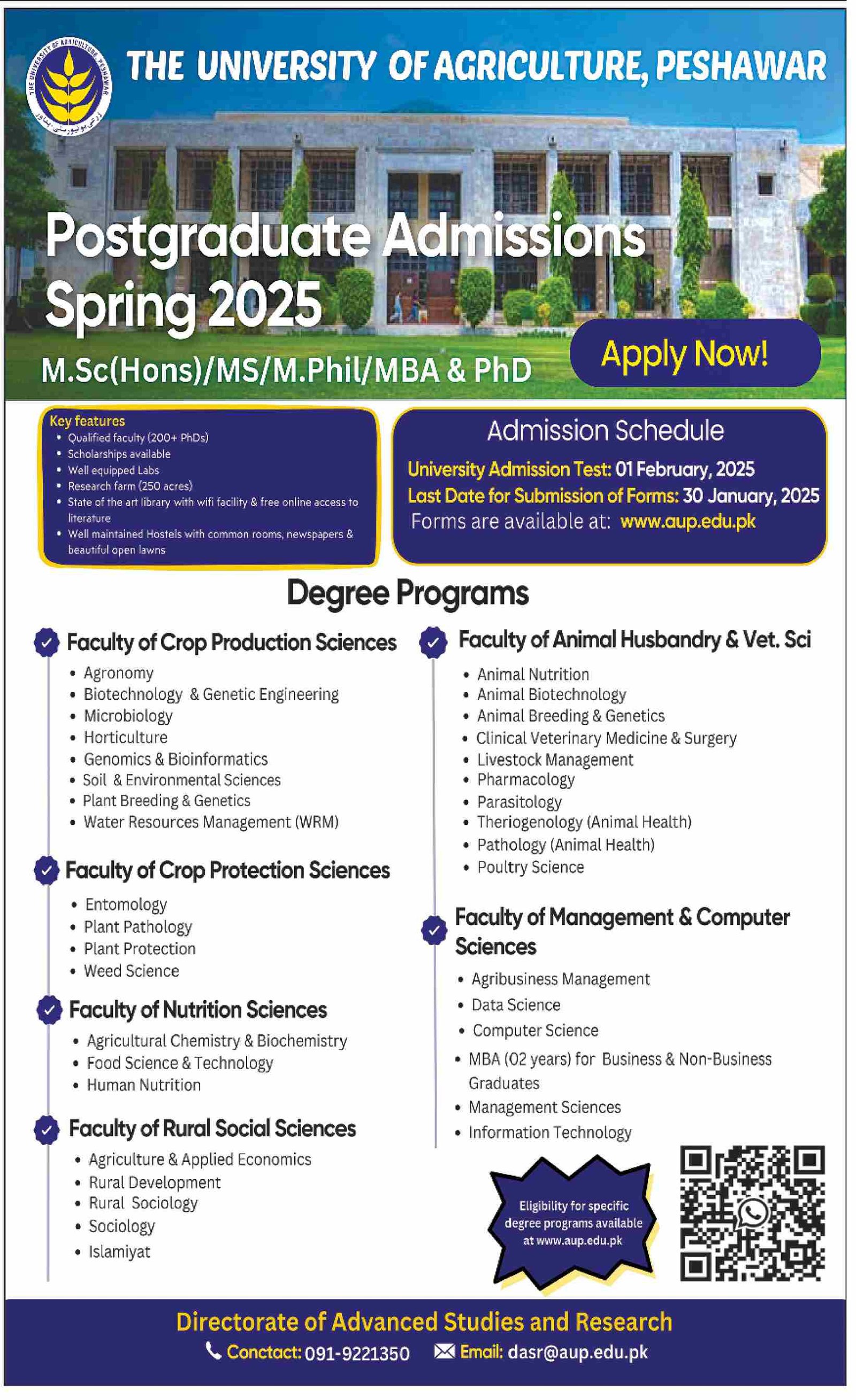 Admission Open in University of Agriculture Peshawar 2025 – University of Agriculture, Peshawar Admissions 2025 — original advertisement
