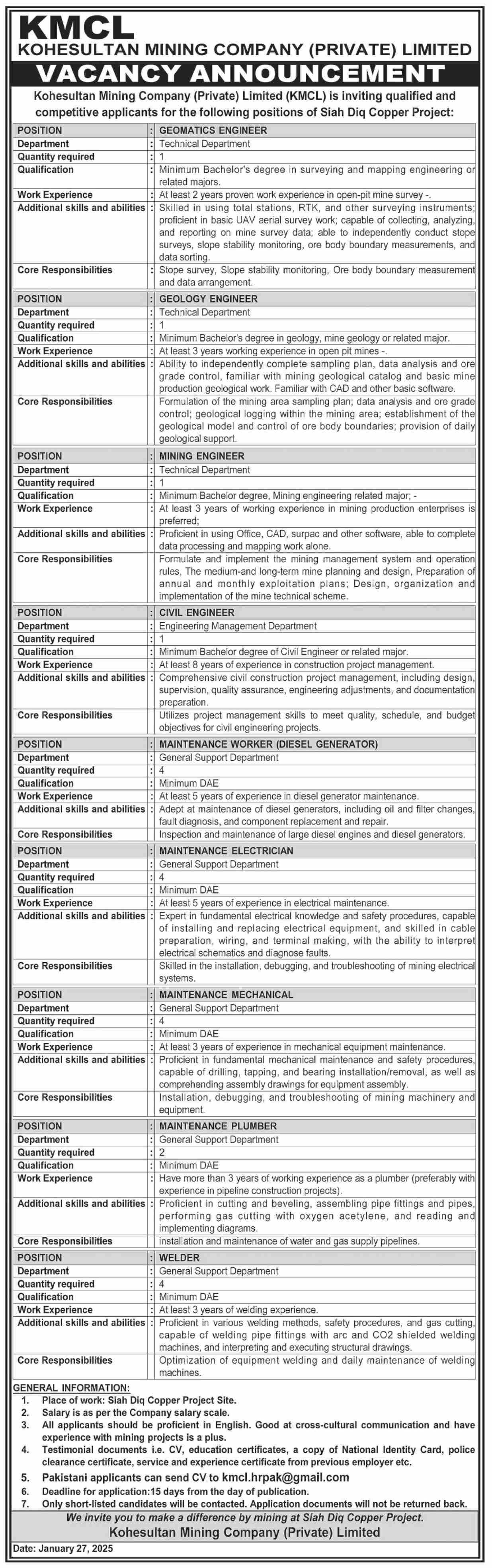 Koheultan Mining Company Private Limited Jobs 2025 – Private Company Jobs 2025 — original advertisement