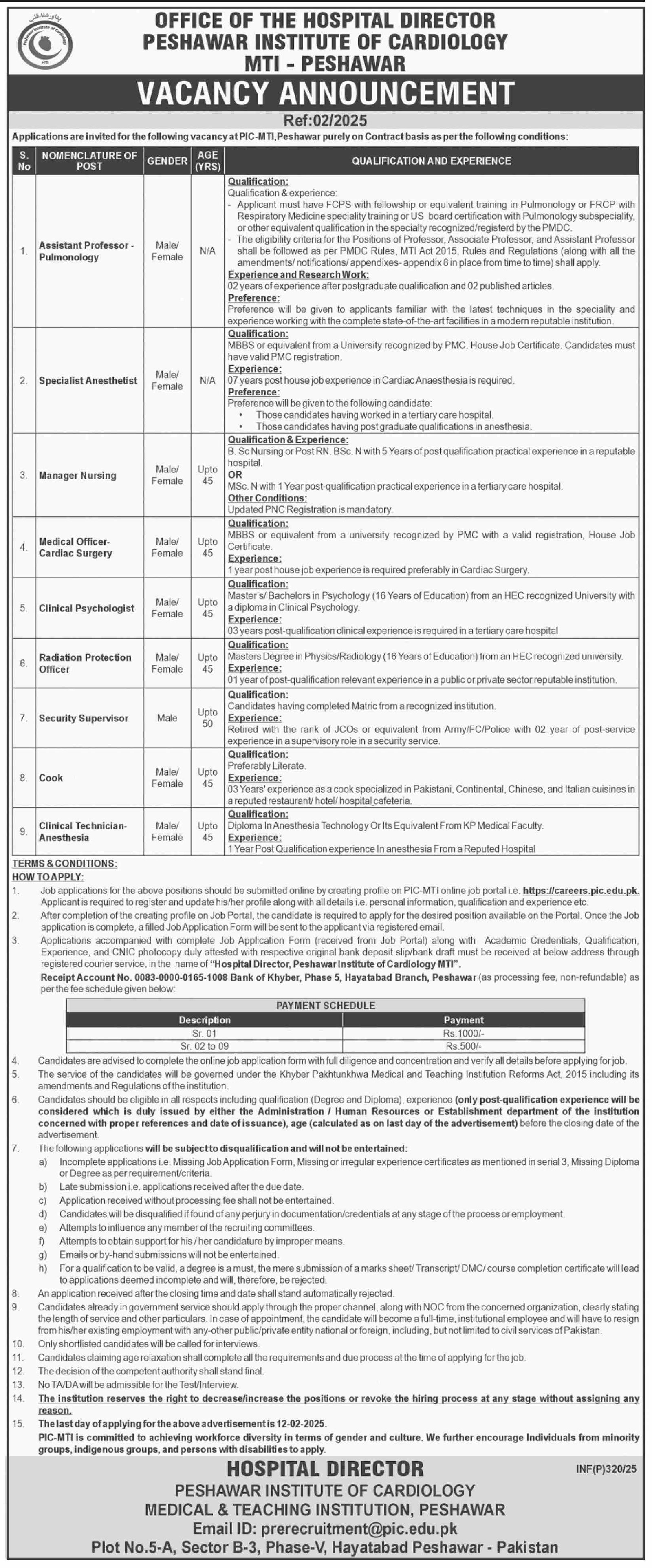 Peshawar Institute Of Cardiology PIC Peshawar Jobs 2025 Jobs 2025 — original advertisement