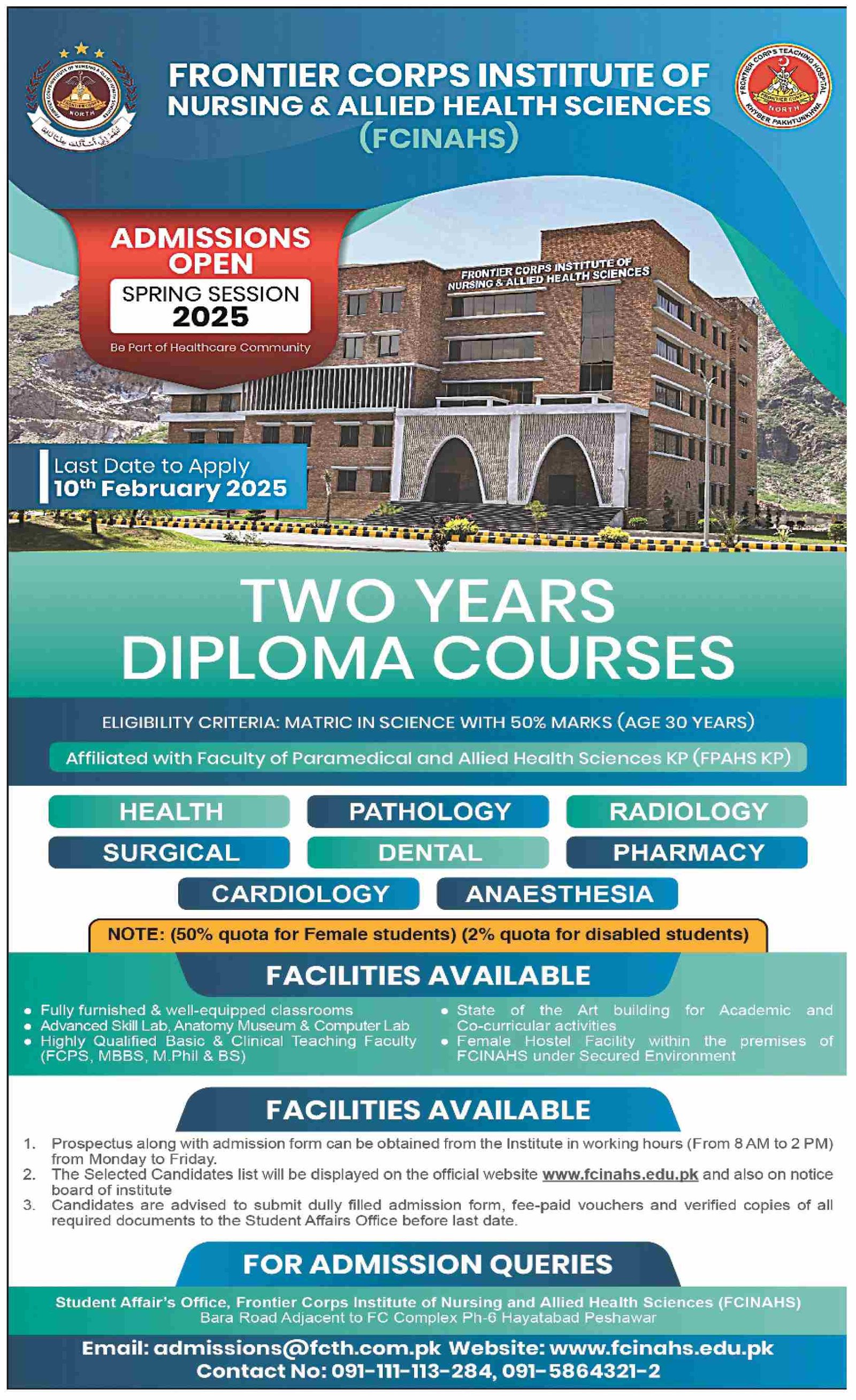 Admission Open in Frontier Crops Institute of Nursing 2025 – Frontier Corps Kpk Admissions 2025 — original advertisement