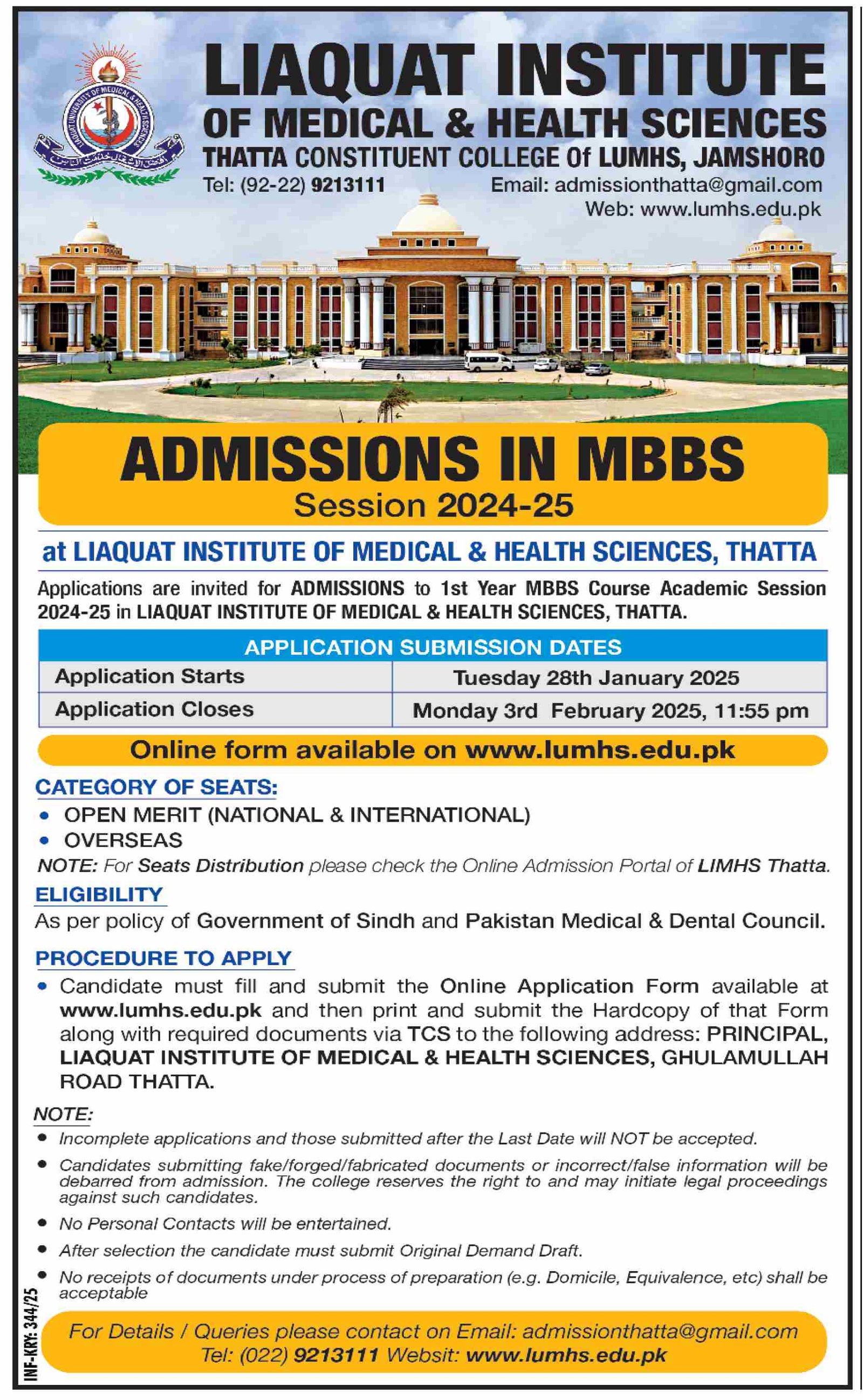 Admission Open in Liaquat Institute of Medical And Health – Liaquat University of Medical & Health Sciences Admissions 2025 — original advertisement
