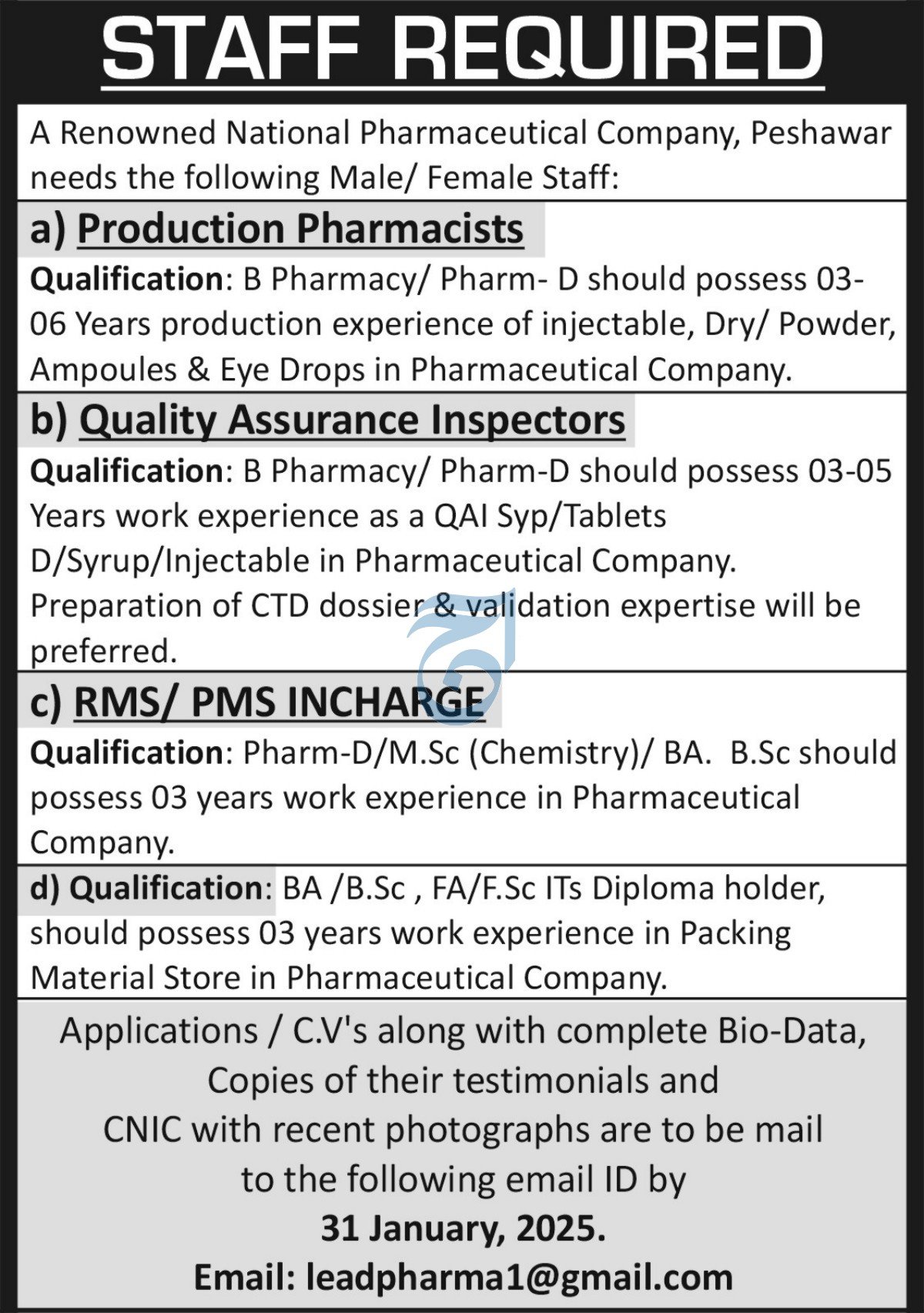 Renowed National Pharmaceutial Company Peshawar Jobs 2025 – Private Company Jobs 2025 — original advertisement