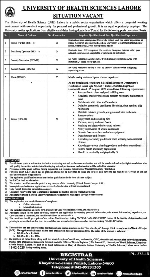 University Of Health Sciences UHS Lahore Jobs 2025 – University of Health Sciences Lahore Jobs 2025 — original advertisement