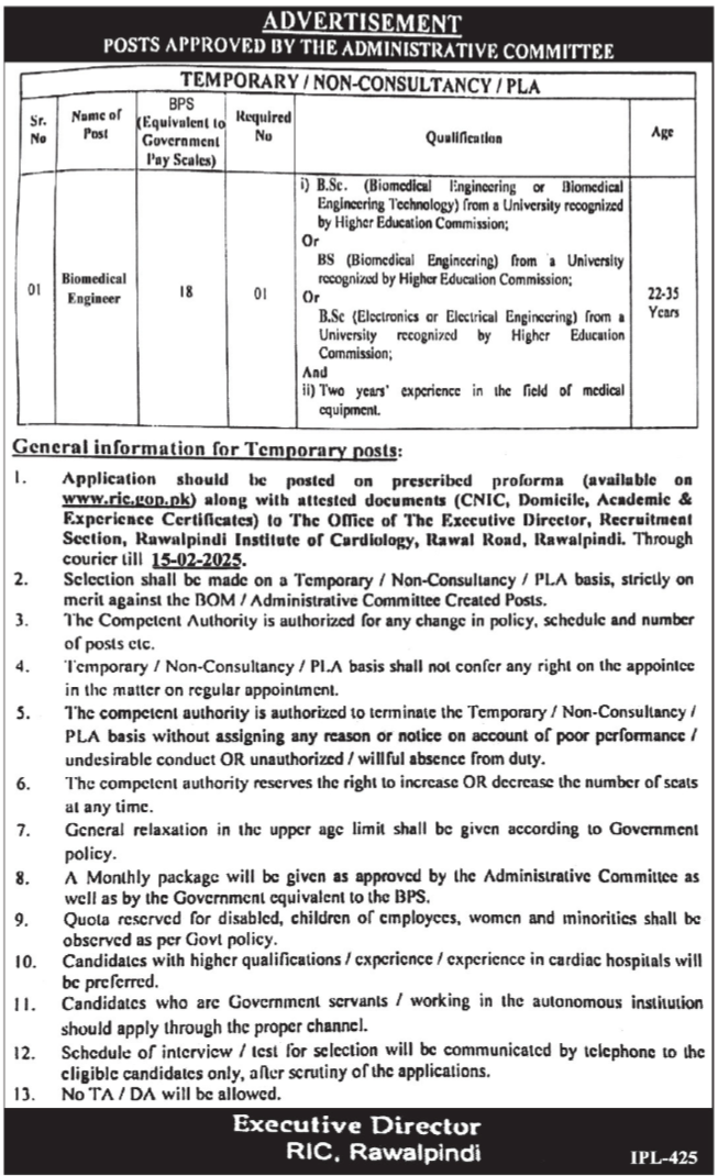 Rawalpindi Institute Of Cardiology RIC Jobs 2025 – Punjab Institute of Cardiology Lahore Jobs 2025 — original advertisement