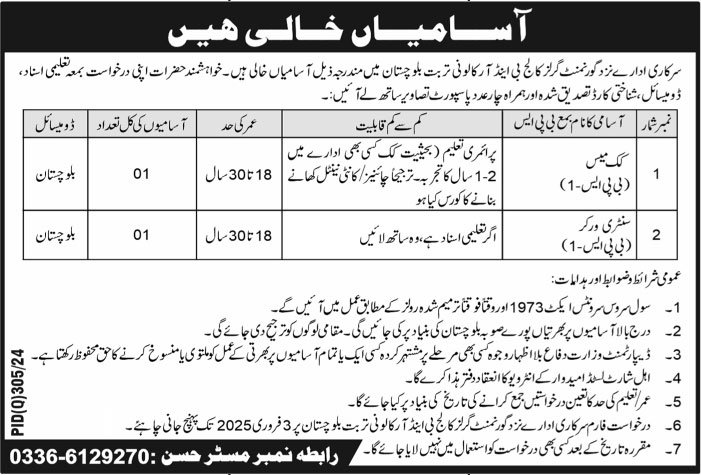 Govt Girls College B&R Colony Turbat Jobs 2025 – Govt Girls Degree College Chitkan Panjgur Jobs 2025 — original advertisement