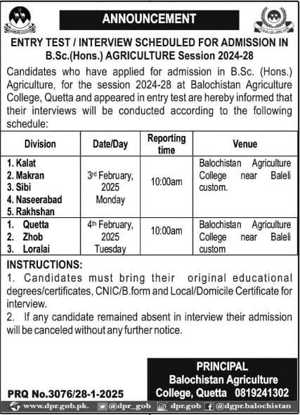 Interview Scheduled For Admission Bsc Hons Agricultre Sessio – Balochistan Agriculture College, Quetta Admissions 2025 — original advertisement