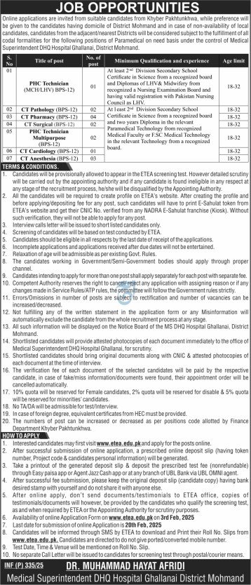 Dhq Hospital Ghllaanai District Mohamnd Jobs 2025 – Shaheed Farid Khan DHQ Hospital Jobs 2025 — original advertisement
