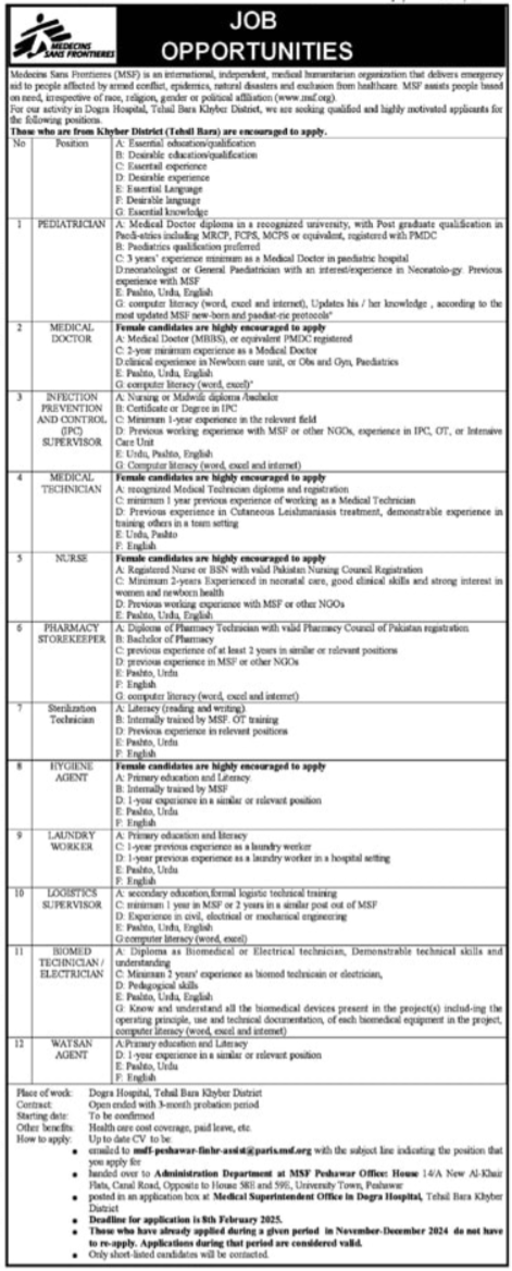 Medecins Sans Frontieres MSF Pakistan Jobs 2025 – Medecins Sans Frontières (MSF) Jobs 2025 — original advertisement