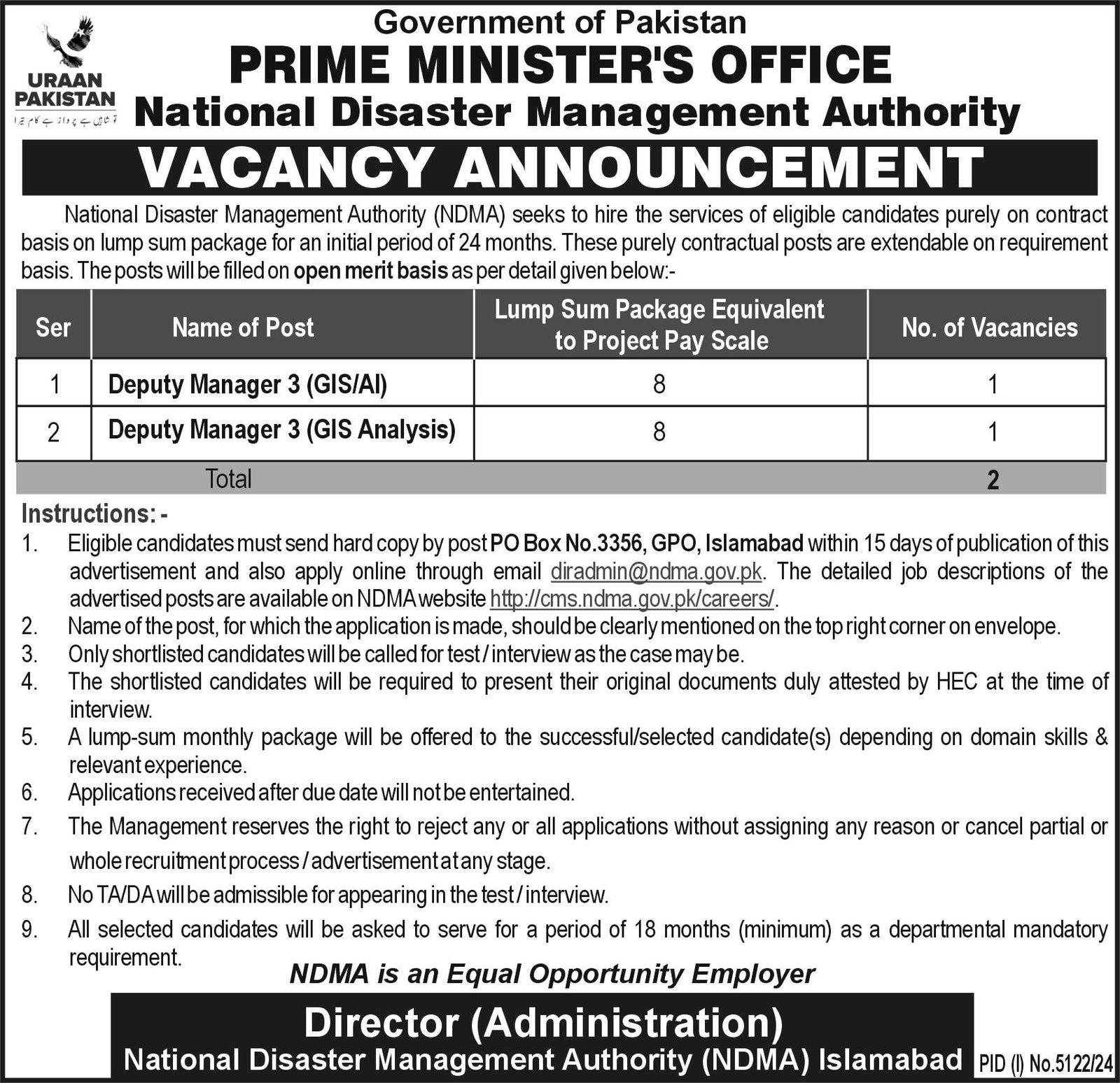 National Disaster Management Authority Islamabad Jobs 2025 – National Disaster Management Authority (NDMA) Pakistan Jobs 2025 — original advertisement