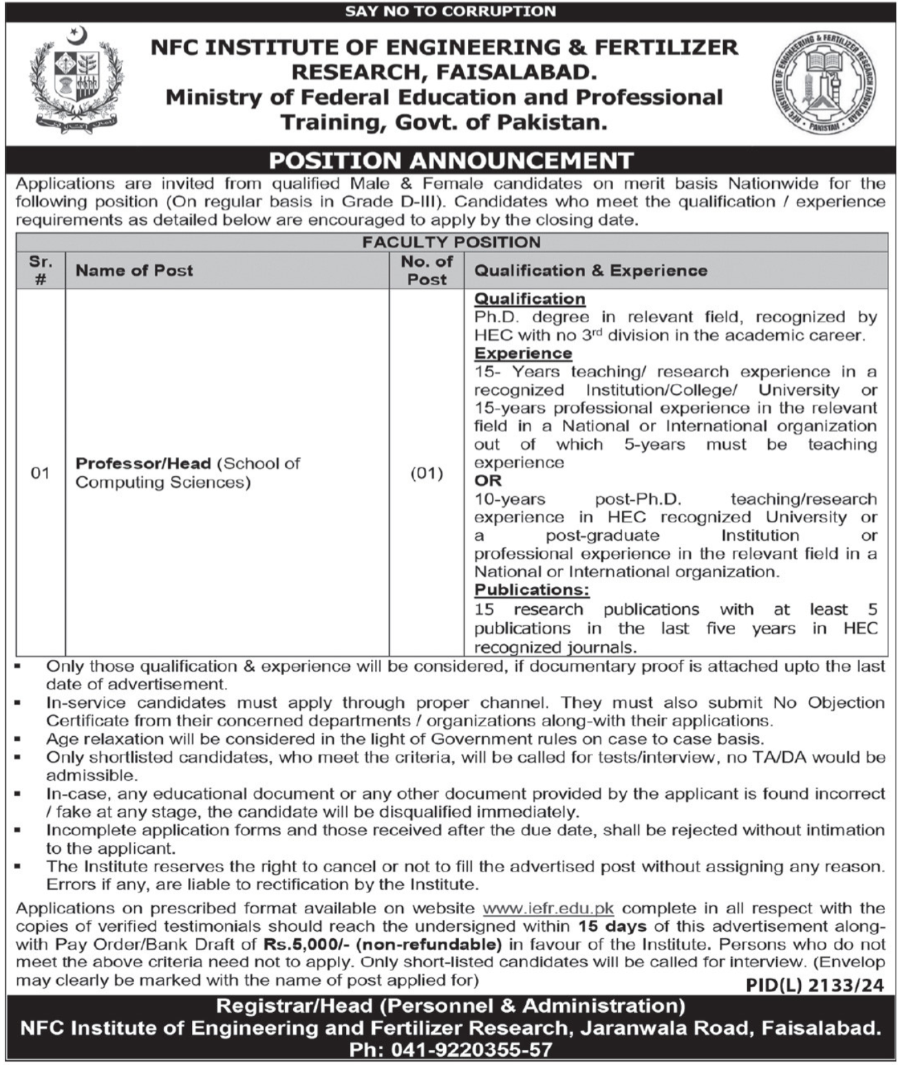 NFC IEFR Institute Of Engineering & Fertilizer Research Jobs – NFC Institute of Engineering & Technology Multan Jobs 2025 — original advertisement