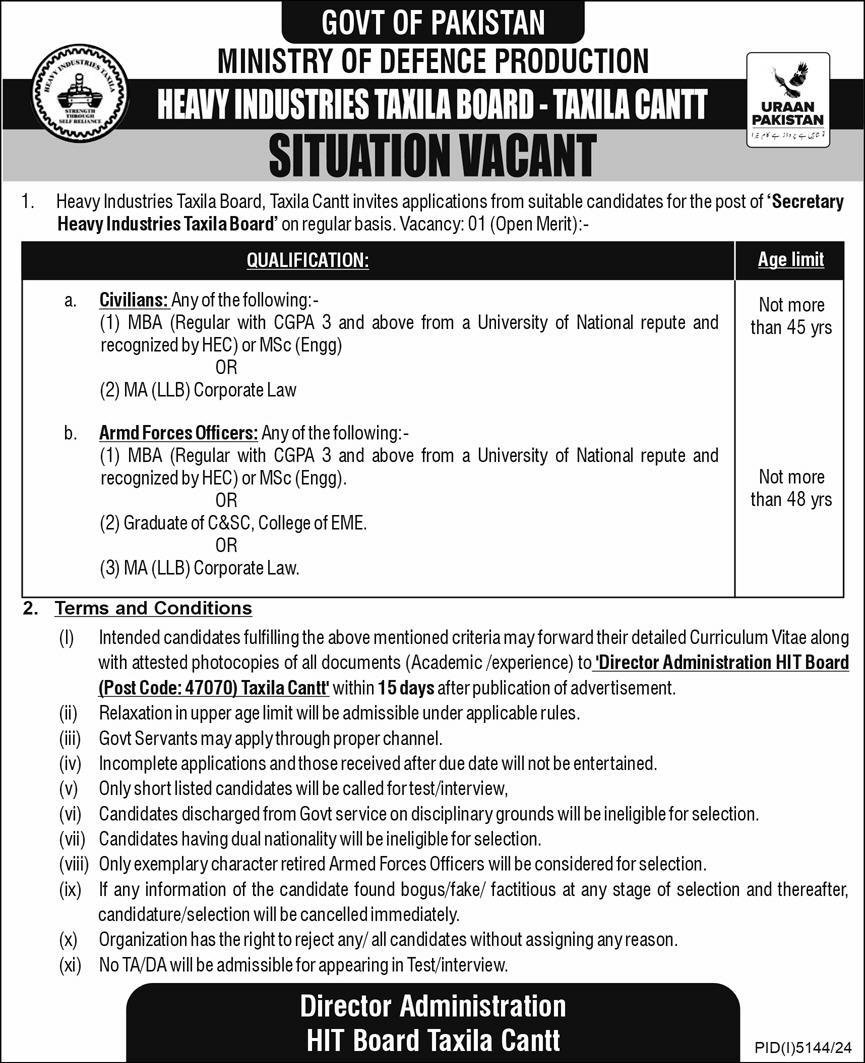 Heavy Industries Taxila Board HIT Jobs 2025 – Heavy Mechanical Complex HMC Jobs 2025 — original advertisement