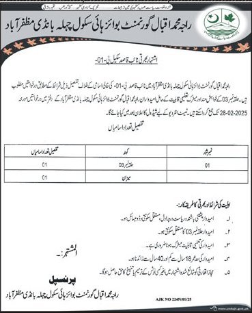Govt Boys High School Chala Bandi Muzaffarabad Jobs 2025 – Govt of Azad Kashmir Jobs 2025 — original advertisement