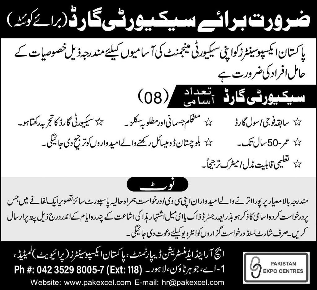 Pakistan Expo Centre Quetta Jobs 2025 – Pakistan Expo Centres Private Limited Jobs 2025 — original advertisement
