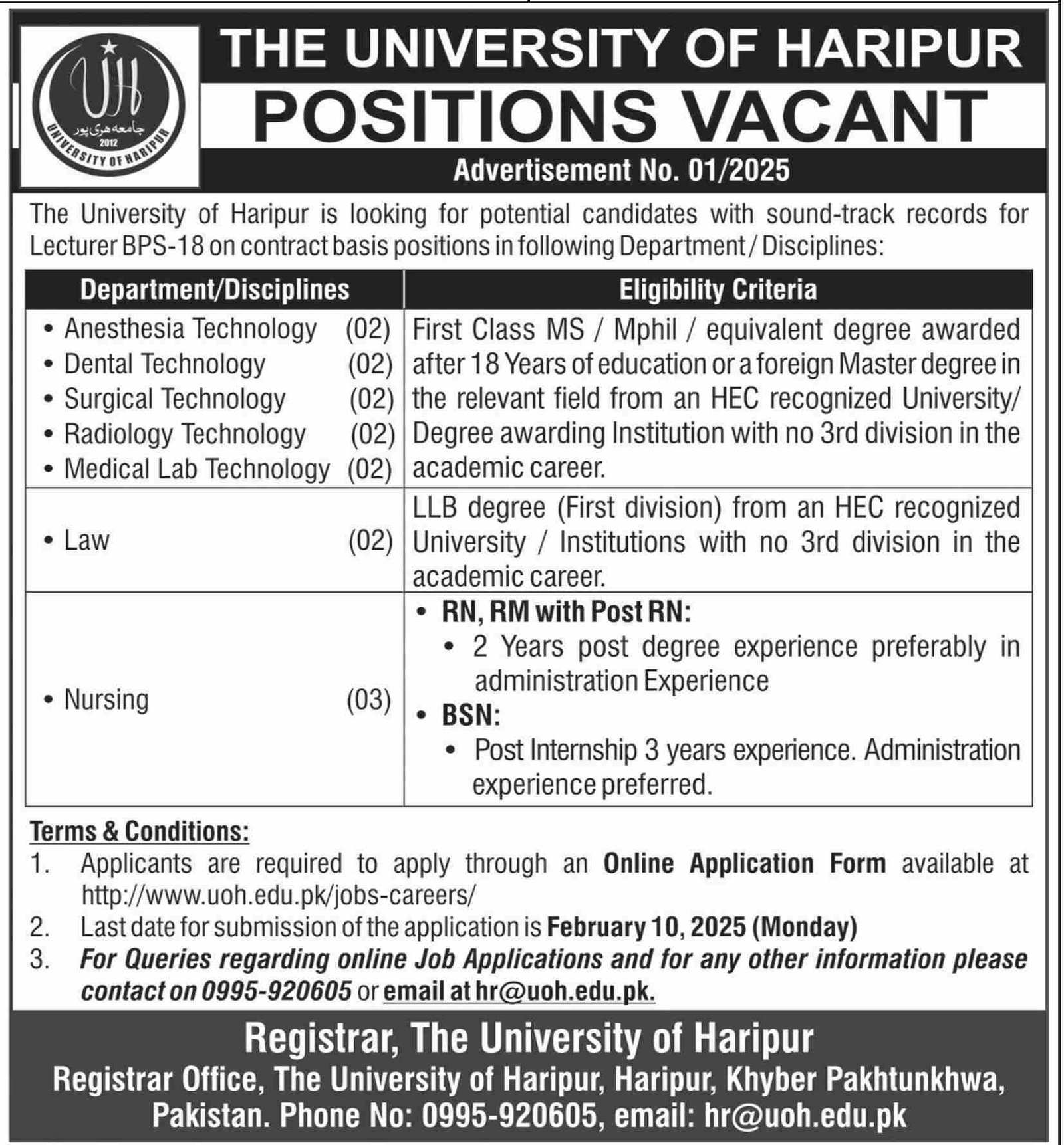 University of Haripur Khyber Pakhtunkhwa Jobs 2025 Jobs 2025 — original advertisement