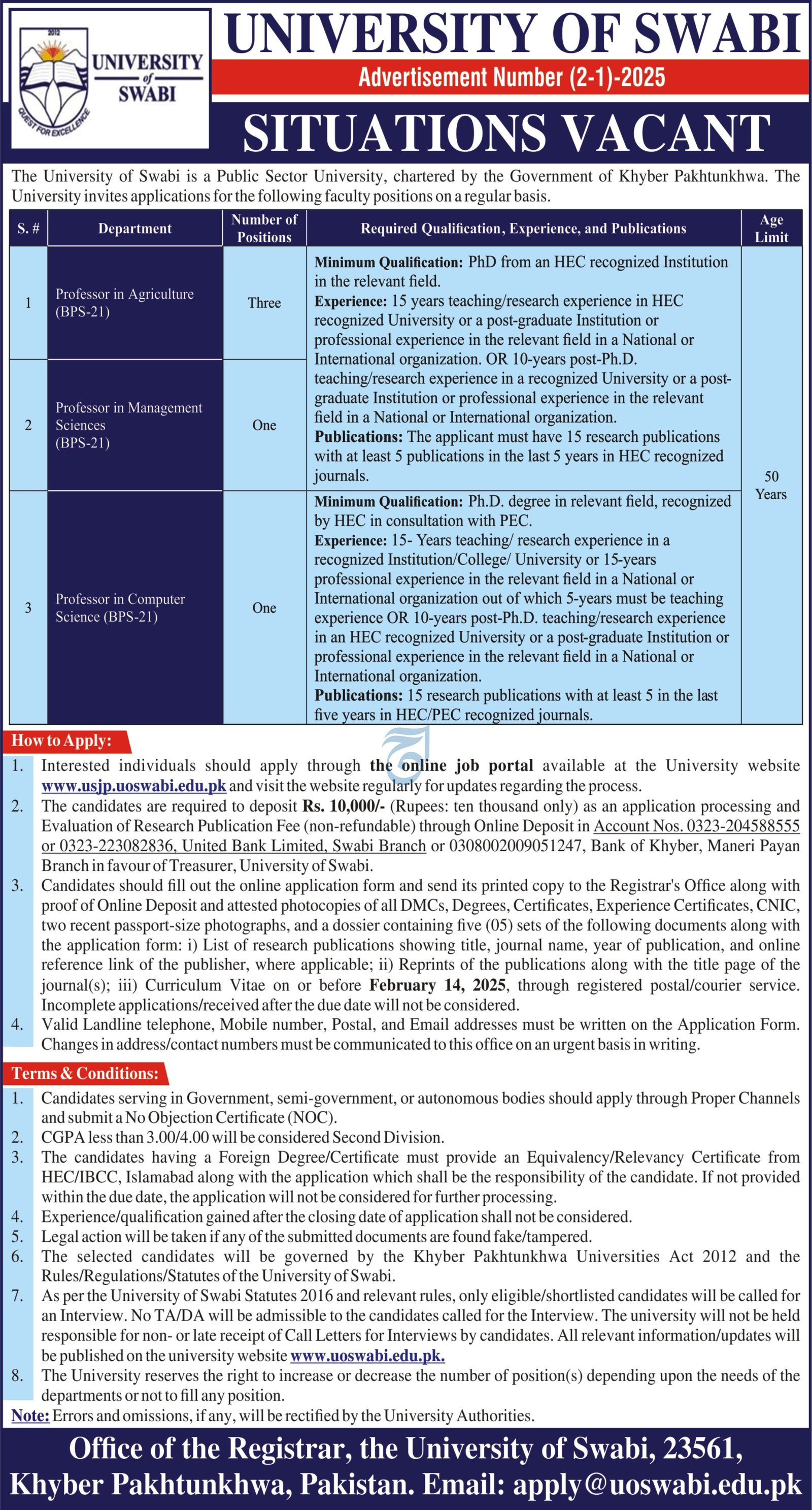 The University of Swabi Jobs 2025 Jobs 2025 — original advertisement