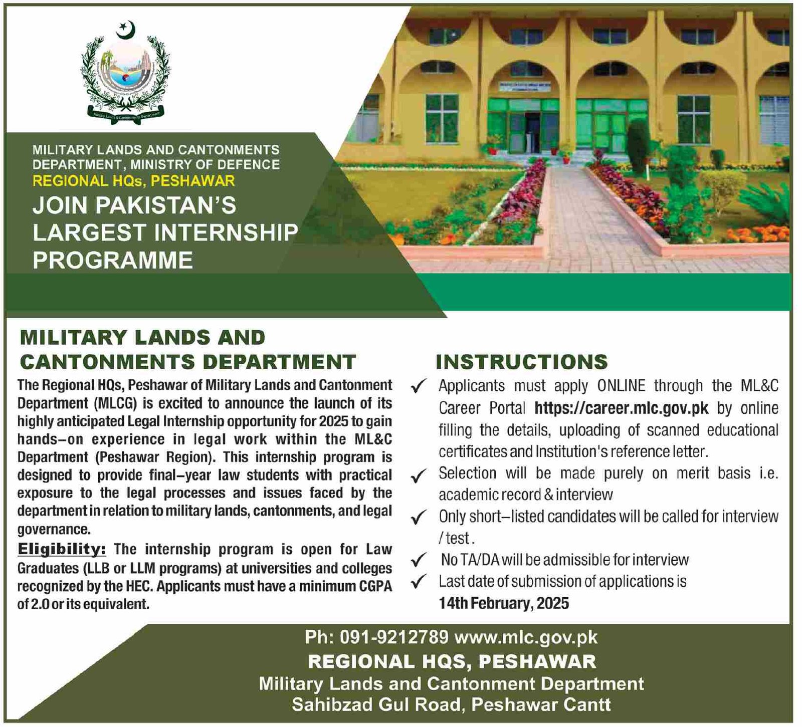 Military Lands & Cantonment Department ML&C Internship 2025 – Cantonment Board Jobs 2025 — original advertisement