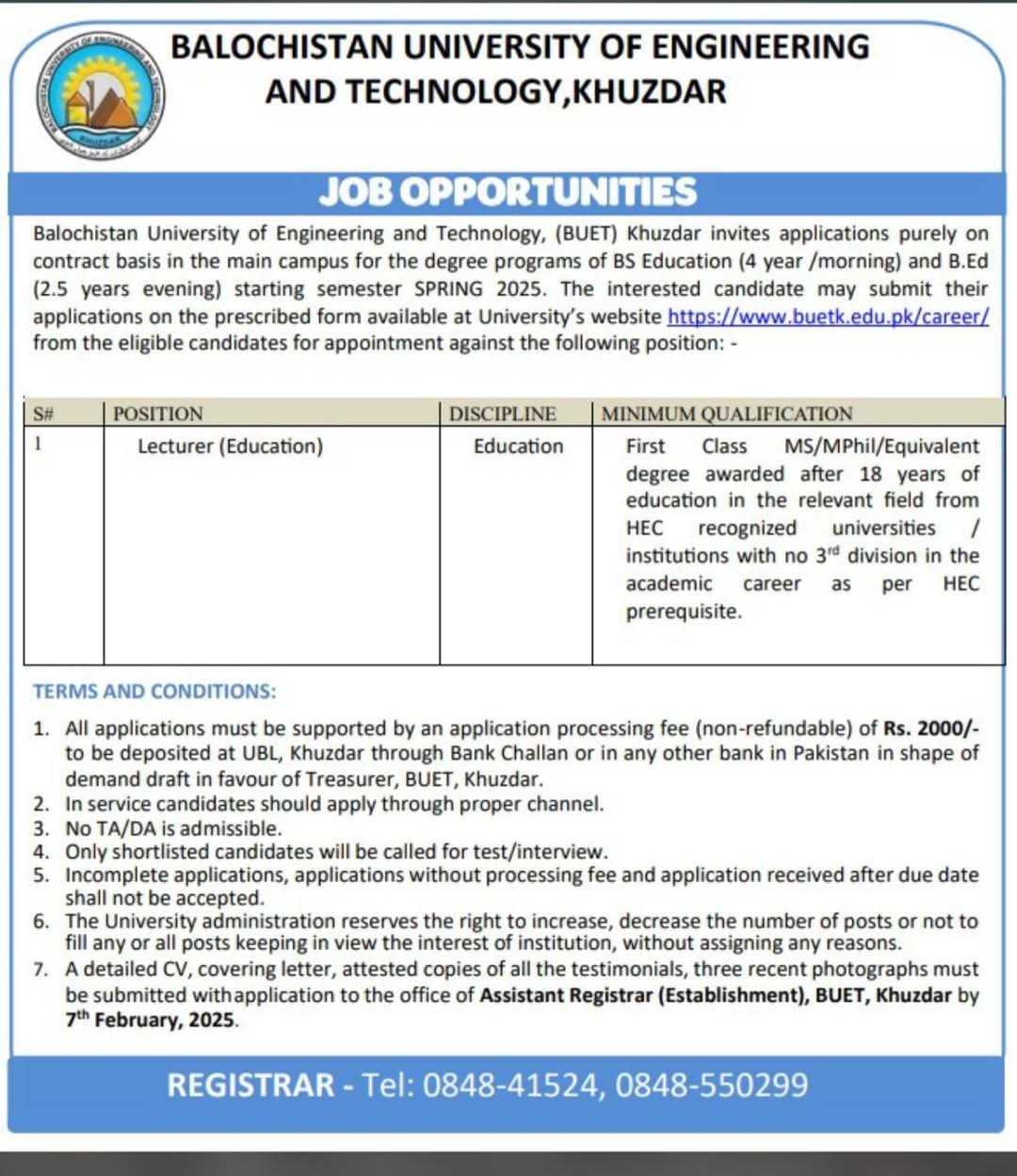 Balochistan University of Engineering And Technology Jobs – Balochistan University of Engineering and Technology BUETK Khuzdar Jobs 2025 — original advertisement