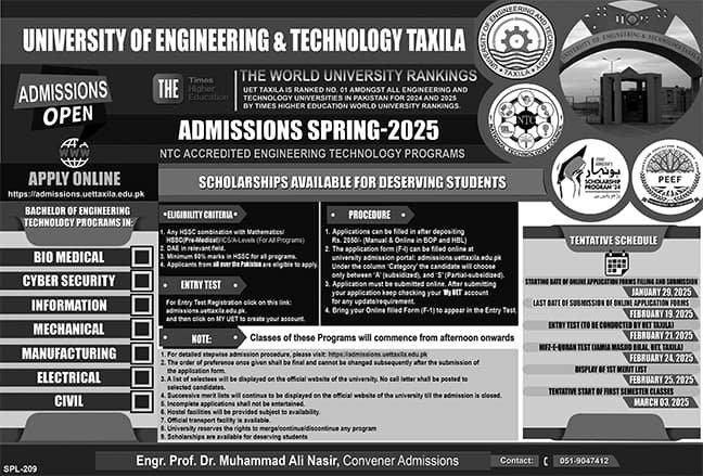 Admission Open in University of Engineering And Technology – University of Engineering and Technology Taxila Admissions 2025 — original advertisement