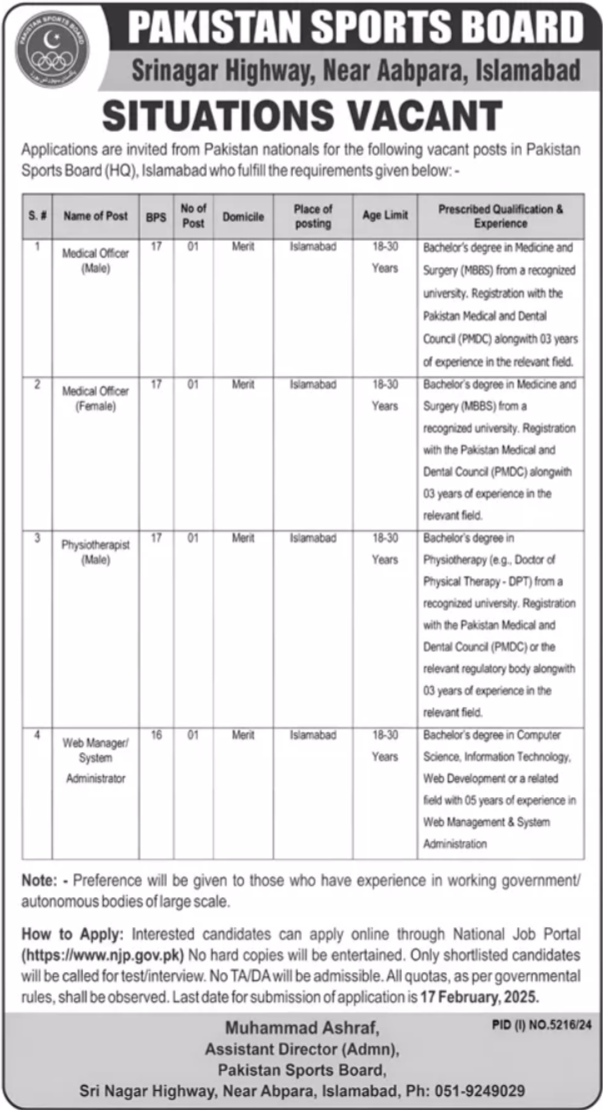 Pakistan Sports Board PSB Islamabad Jobs 2025 Jobs 2025 — original advertisement