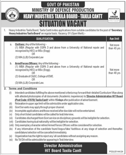 Ministry Of Defence Production Punjab Jobs 2025 – Ministry of Defence Pakistan Jobs 2025 — original advertisement