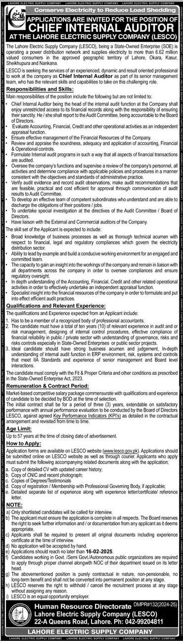 Lahore Electric Supply Company LESCO Jobs 2025 – Lahore Electric Supply Company LESCO Lahore Jobs 2025 — original advertisement