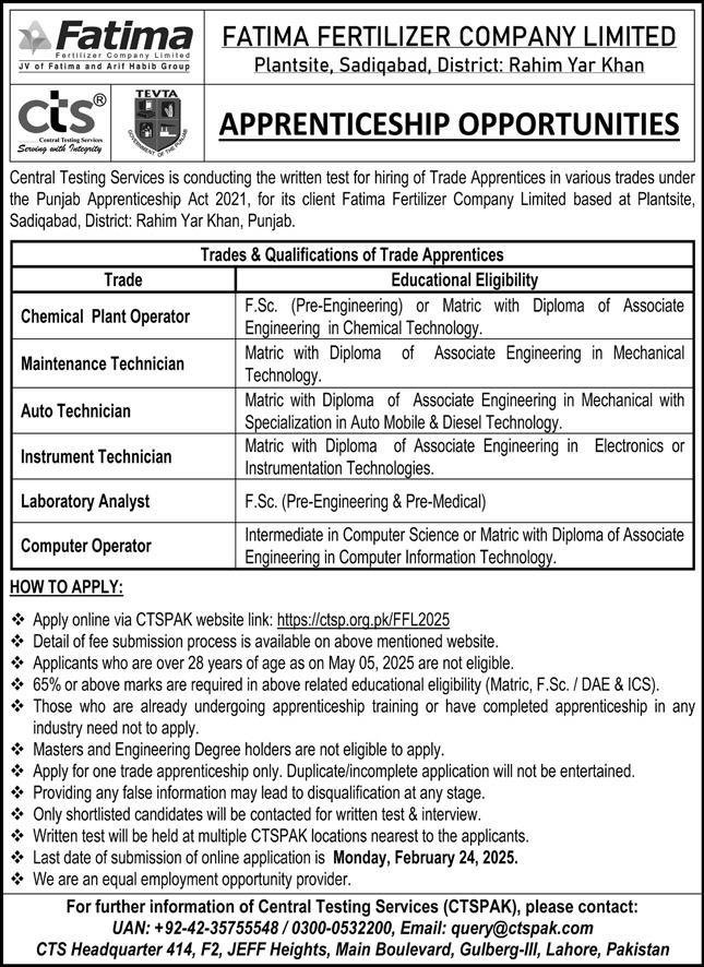 Fatima Fertilizer Company Limited FFCL Appenticeship 2025 – Fauji Fertilizer Company Limited Jobs 2025 — original advertisement