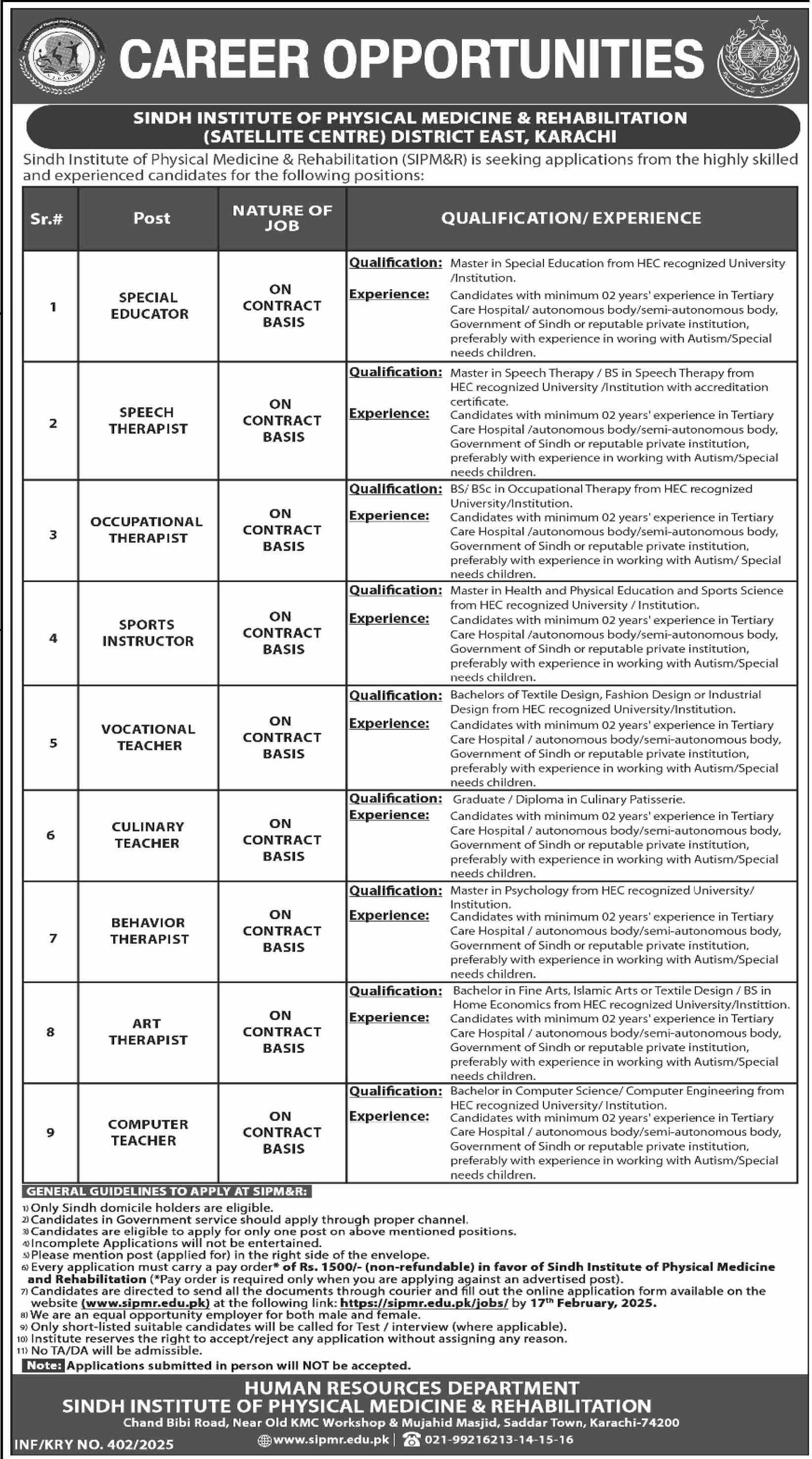 Sindh Institute Of Physical Medicine & Rehabilitation Jobs – Sindh Institute of Physical Medicine and Rehabilitation Jobs 2025 — original advertisement