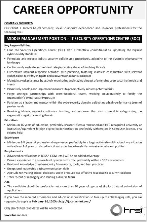 Human Resource Solution International HRSI Jobs 2025 – HRSG People and Business karachi Jobs 2025 — original advertisement