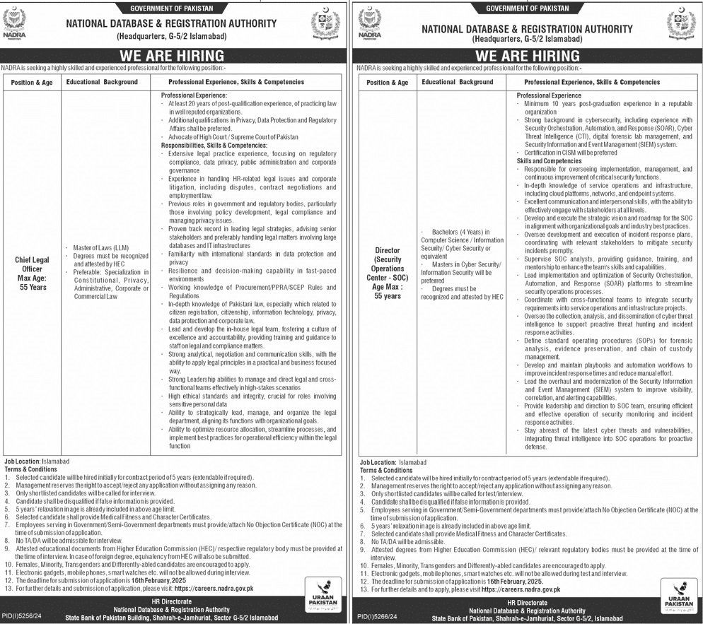 National Database & Registration Authority NADRA Jobs – National Database and Registration Authority Jobs 2025 — original advertisement
