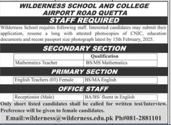 Wilderness School and College Quetta Jobs 2025 Jobs 2025 — original advertisement