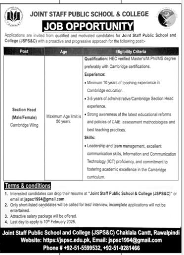 Joint Staff Public School And College Rawalpindi Jobs 2025 – Private Sector Organization Jobs 2025 — original advertisement