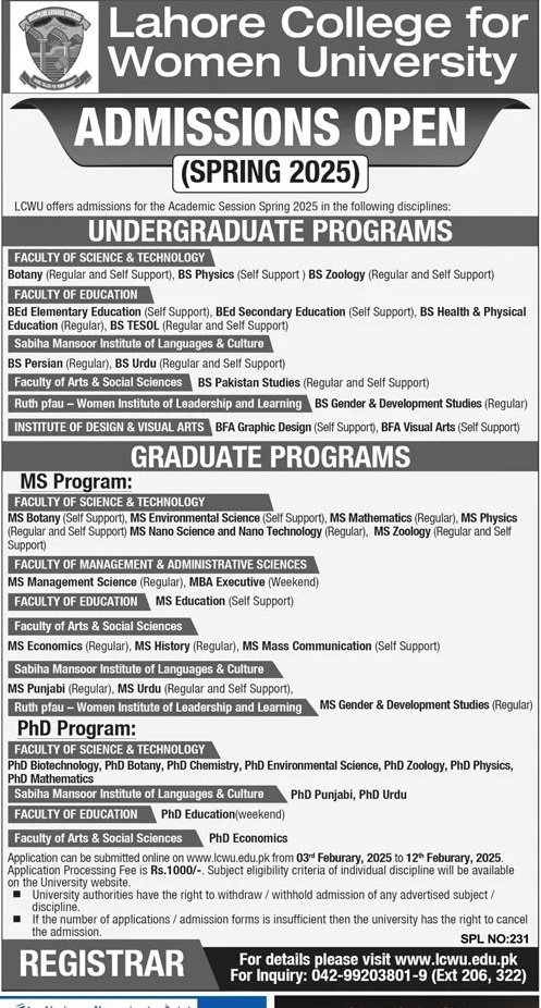 Admission Open in Lahore College For Women University – Lahore College for Women University Lahore Admissions 2025 — original advertisement