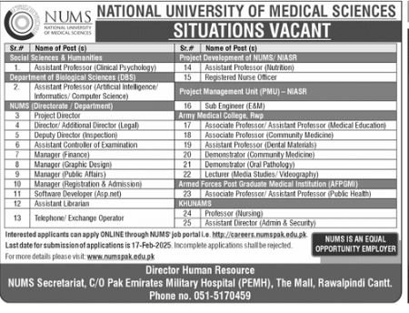 National University of Medical Sciences Jobs 2025 – National University of Medical Science NUMS Jobs 2025 — original advertisement